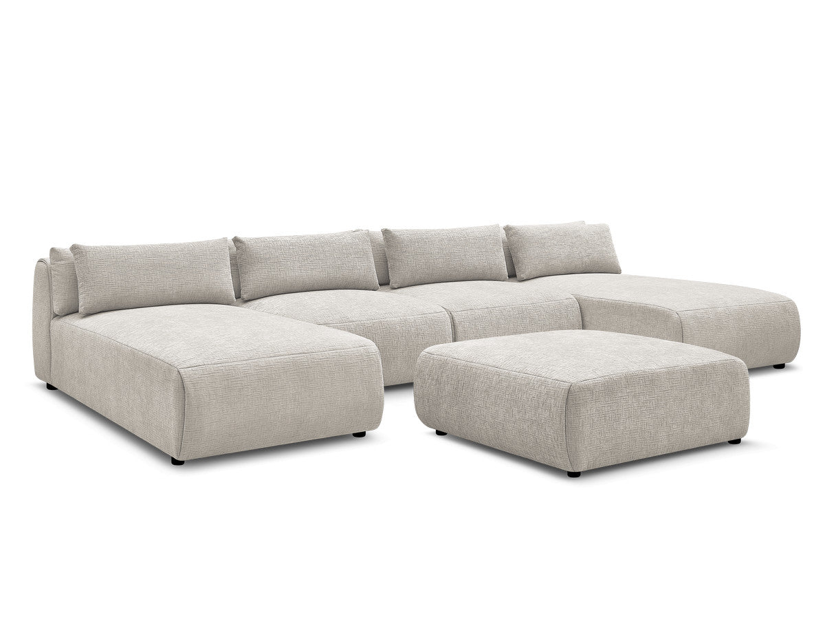 Canapé panoramique fixe modulable avec têtières JANA tissu texturé avec 2 méridiennes, 2 chauffeuses et 1 grand pouf