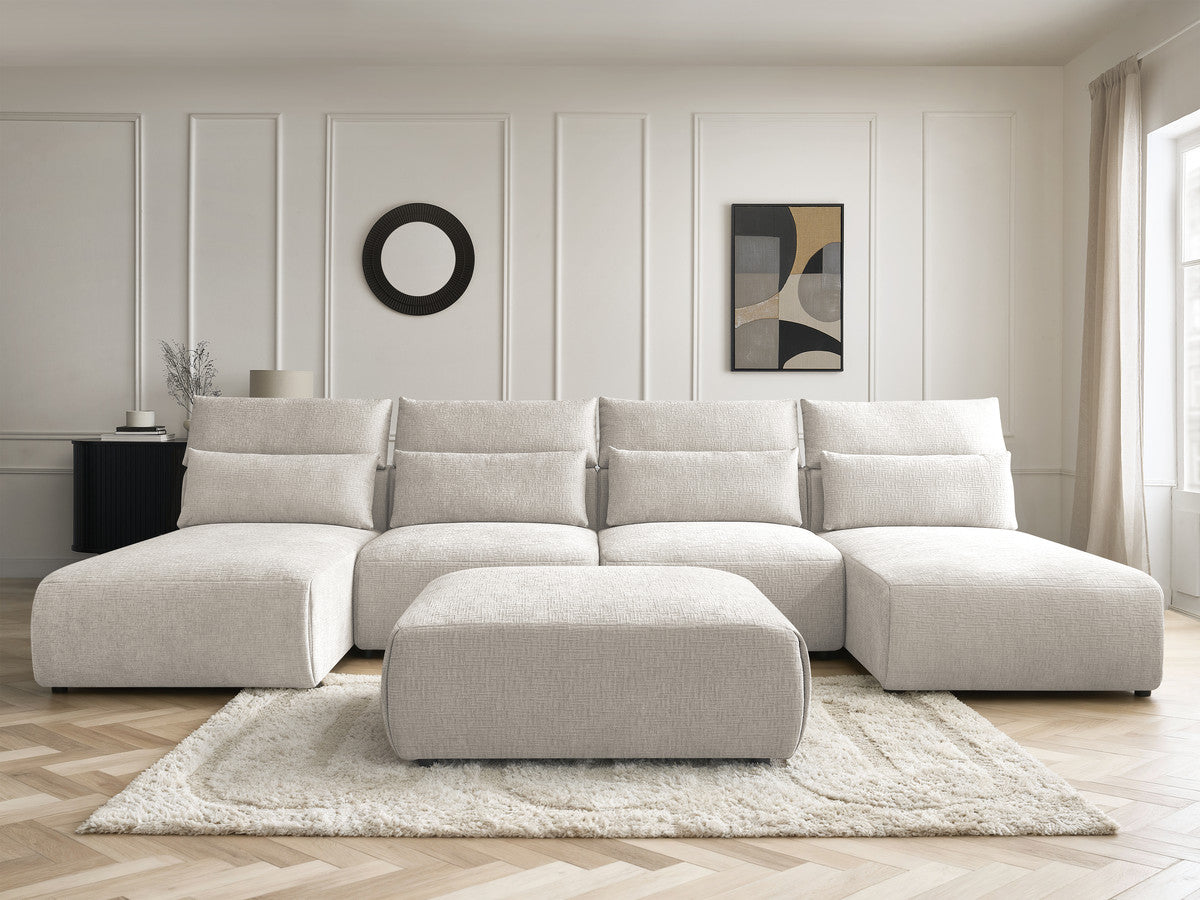 Canapé panoramique fixe modulable avec têtières JANA tissu texturé avec 2 méridiennes, 2 chauffeuses et 1 grand pouf