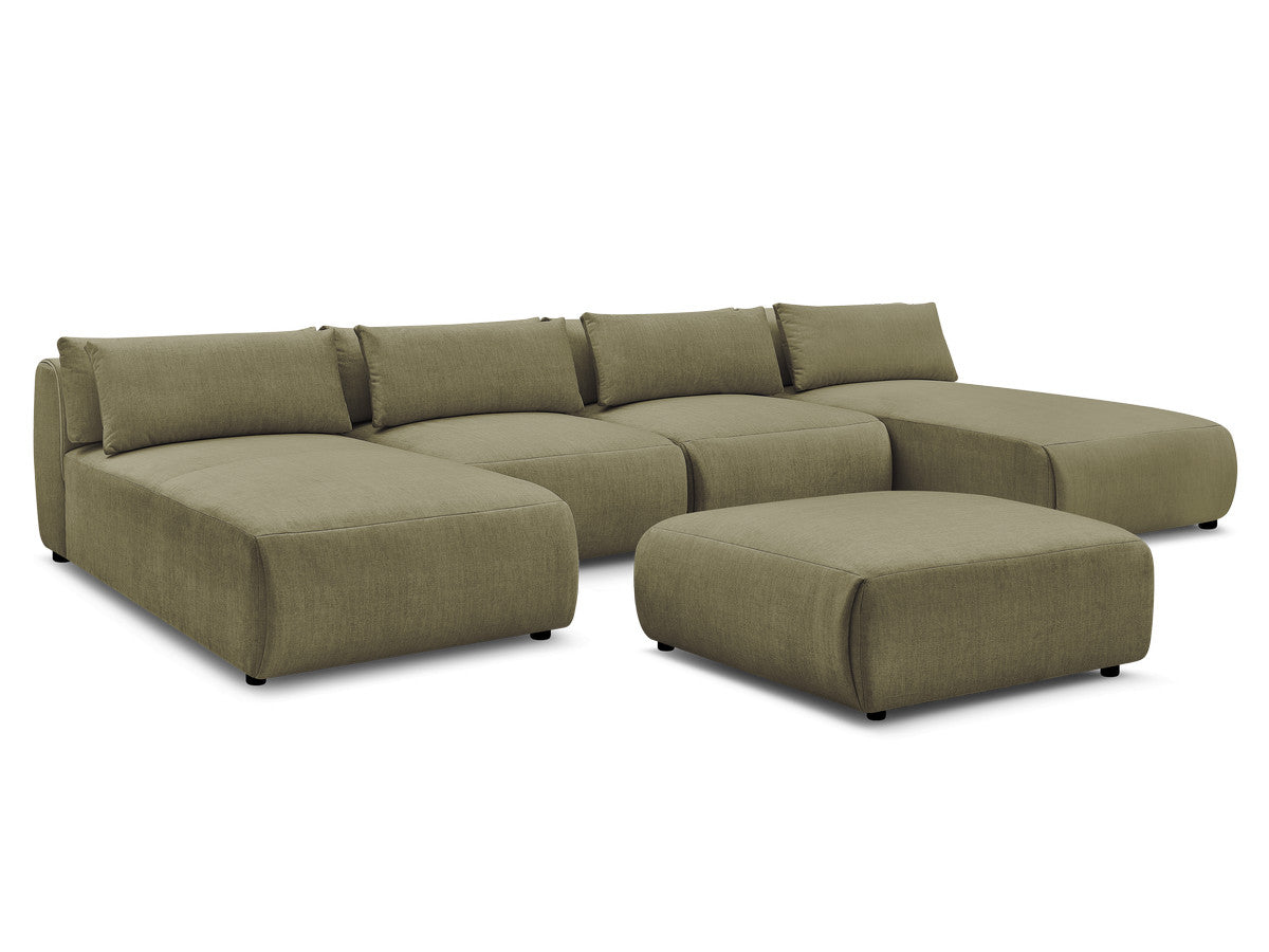 Canapé panoramique fixe modulable avec têtières JANA tissu velours avec 2 méridiennes, 2 chauffeuses et 1 grand pouf