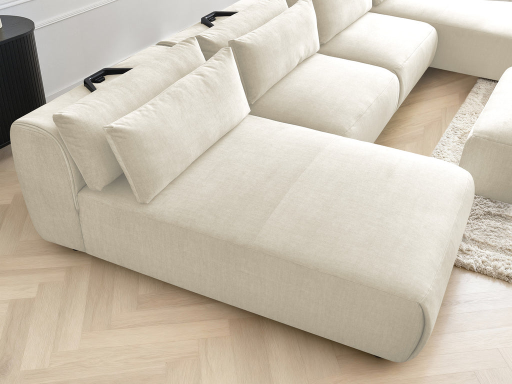 Canapé panoramique fixe modulable avec têtières JANA tissu velours avec 2 méridiennes, 2 chauffeuses et 1 grand pouf