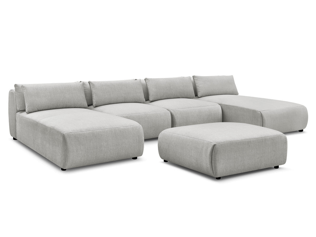 Canapé panoramique fixe modulable avec têtières JANA tissu velours avec 2 méridiennes, 2 chauffeuses et 1 grand pouf