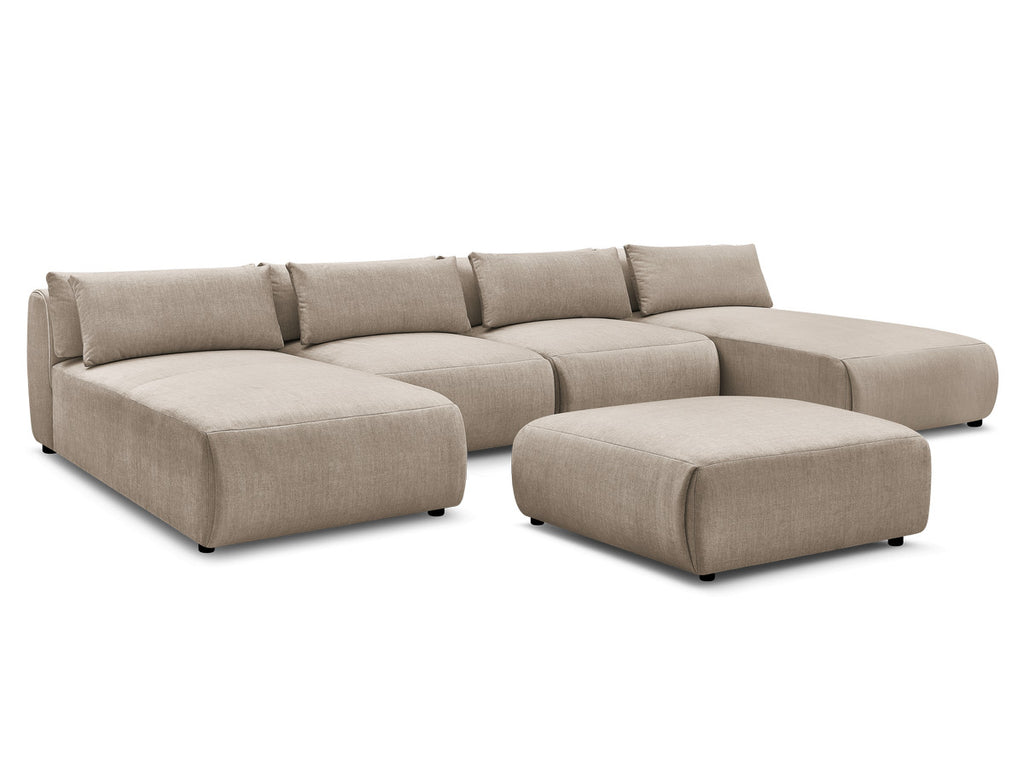 Canapé panoramique fixe modulable avec têtières JANA tissu velours avec 2 méridiennes, 2 chauffeuses et 1 grand pouf