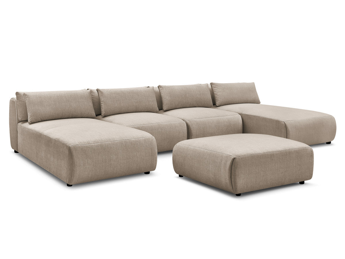 Canapé panoramique fixe modulable avec têtières JANA tissu velours avec 2 méridiennes, 2 chauffeuses et 1 grand pouf