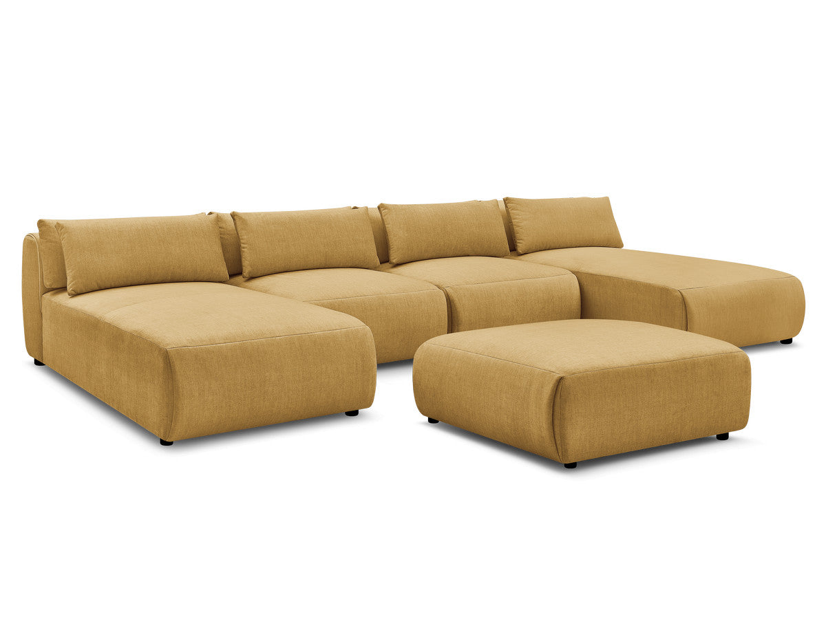 Canapé panoramique fixe modulable avec têtières JANA tissu velours avec 2 méridiennes, 2 chauffeuses et 1 grand pouf