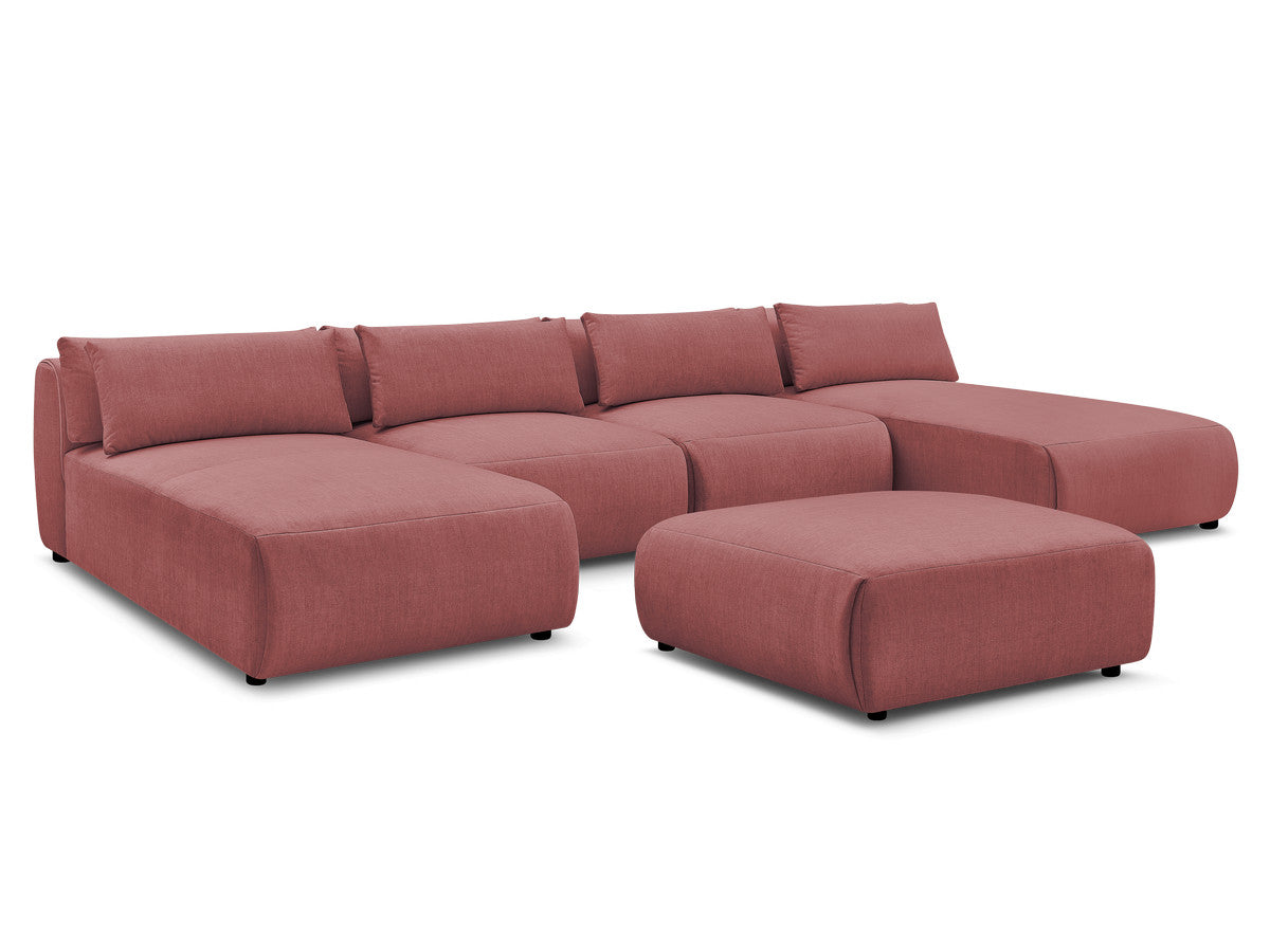Canapé panoramique fixe modulable avec têtières JANA tissu velours avec 2 méridiennes, 2 chauffeuses et 1 grand pouf