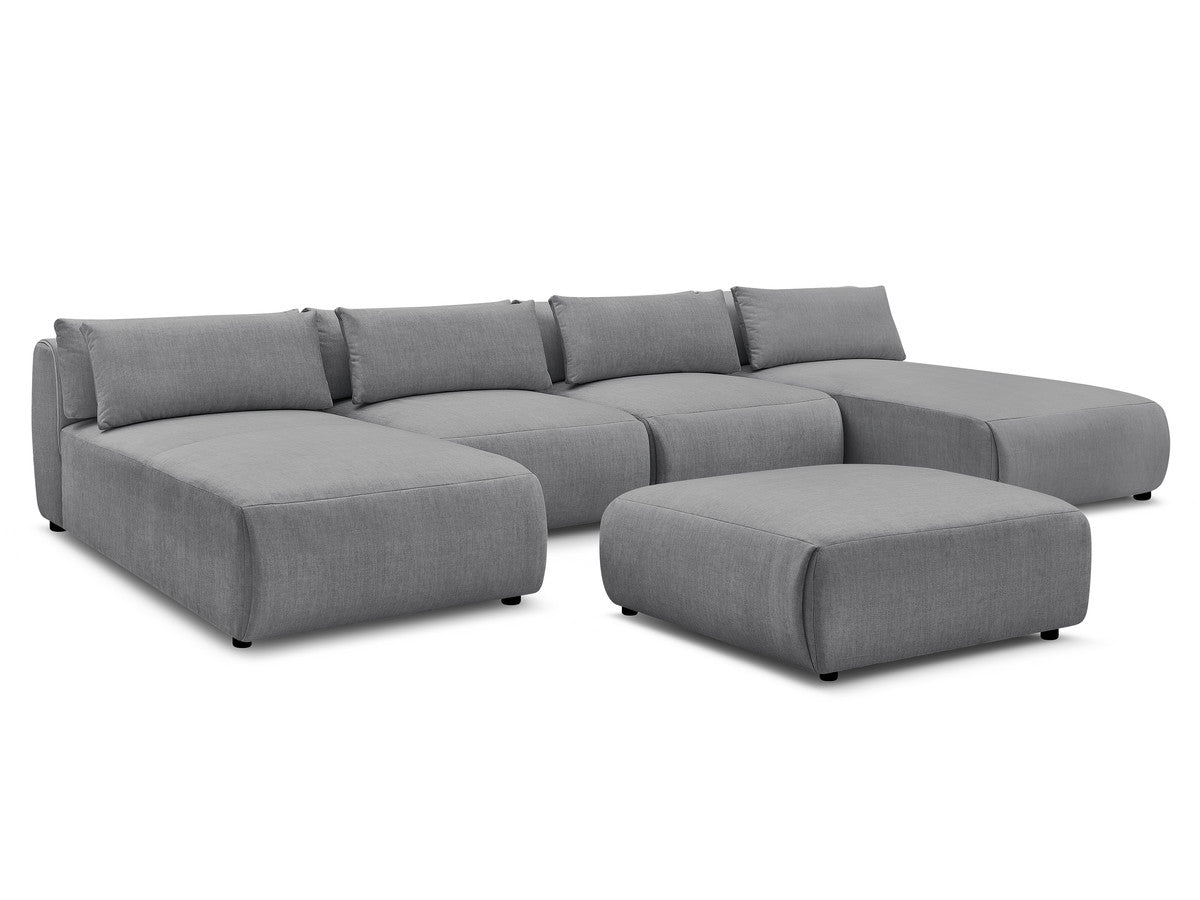 Canapé panoramique fixe modulable avec têtières JANA tissu velours avec 2 méridiennes, 2 chauffeuses et 1 grand pouf