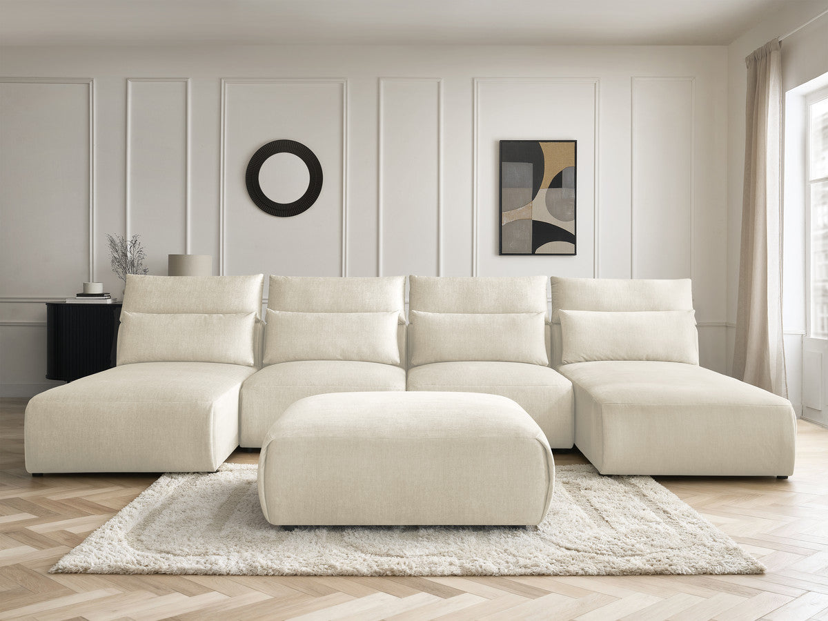 Canapé panoramique fixe modulable avec têtières JANA tissu velours avec 2 méridiennes, 2 chauffeuses et 1 grand pouf