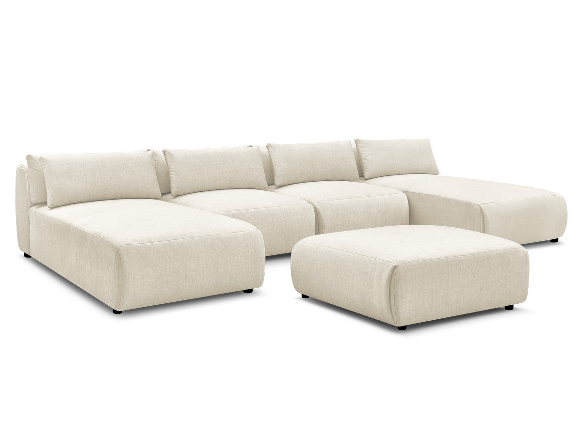Canapé panoramique fixe modulable avec têtières JANA tissu velours avec 2 méridiennes, 2 chauffeuses et 1 grand pouf