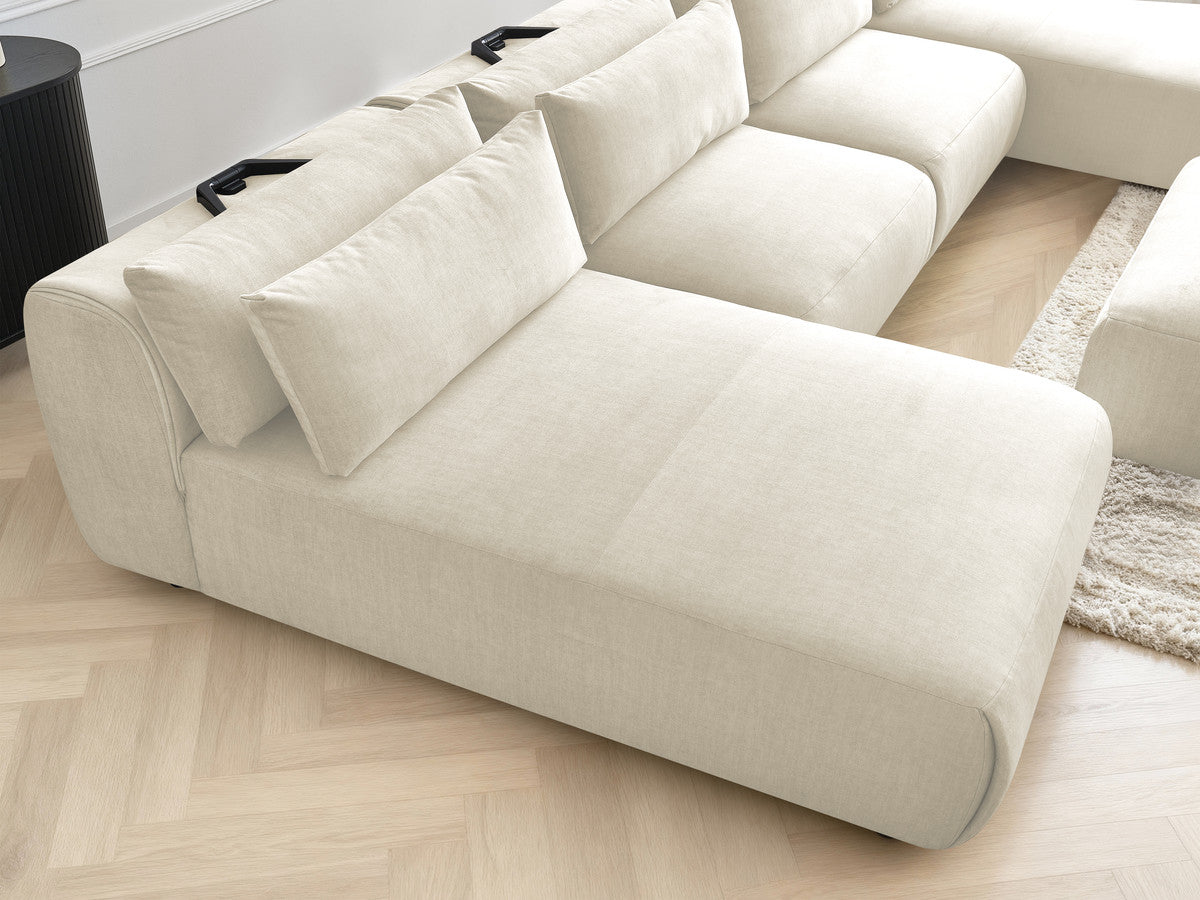 Canapé panoramique fixe modulable avec têtières JANA tissu velours avec 2 méridiennes, 2 chauffeuses et 1 grand pouf