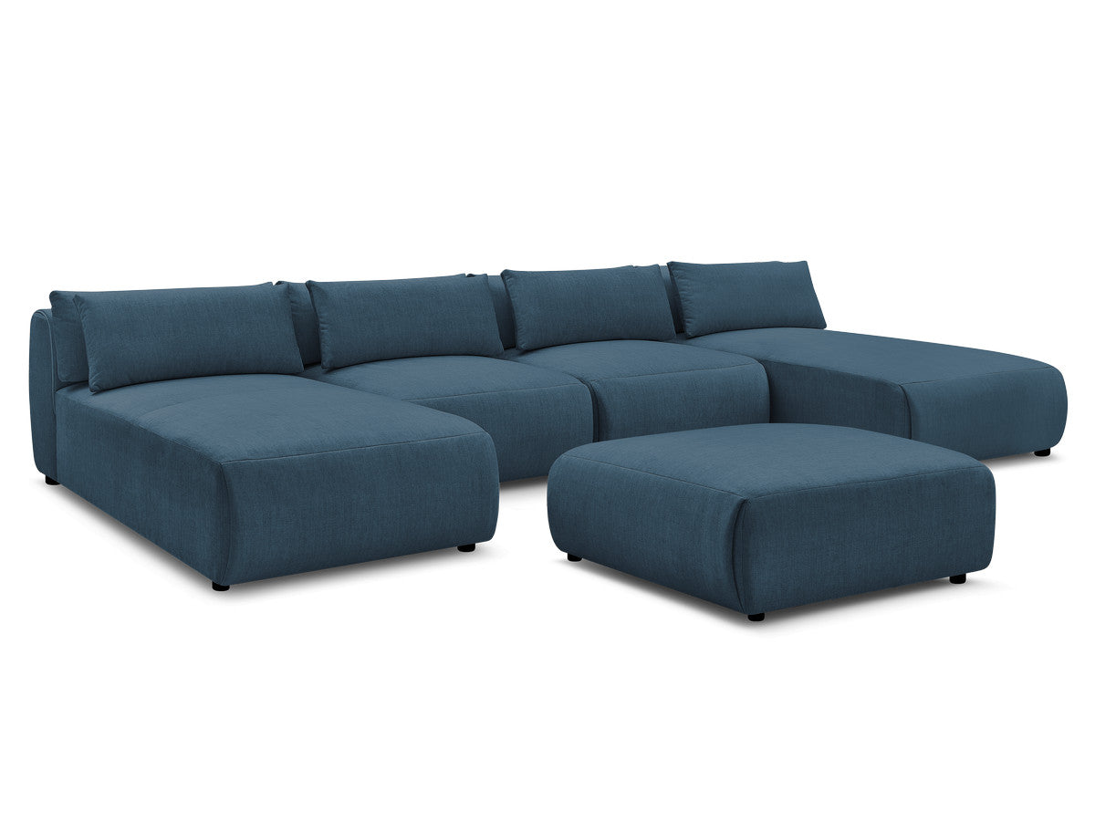 Canapé panoramique fixe modulable avec têtières JANA tissu velours avec 2 méridiennes, 2 chauffeuses et 1 grand pouf