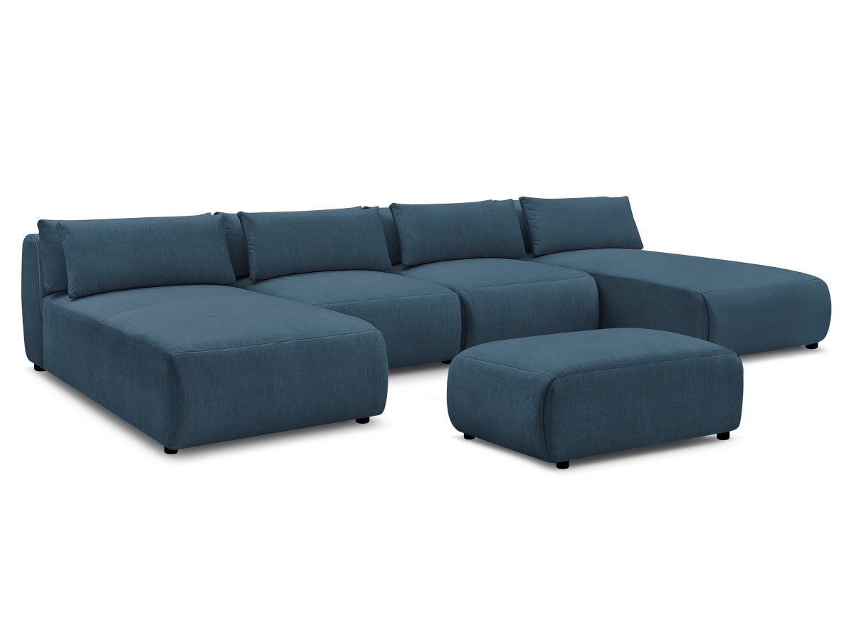 Canapé panoramique fixe modulable avec têtières JANA tissu velours avec 2 méridiennes, 2 chauffeuses et 1 petit pouf