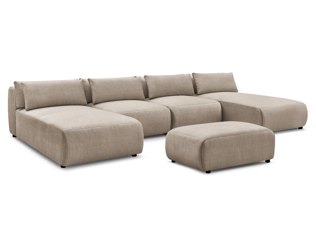 Canapé panoramique fixe modulable avec têtières JANA tissu velours avec 2 méridiennes, 2 chauffeuses et 1 petit pouf