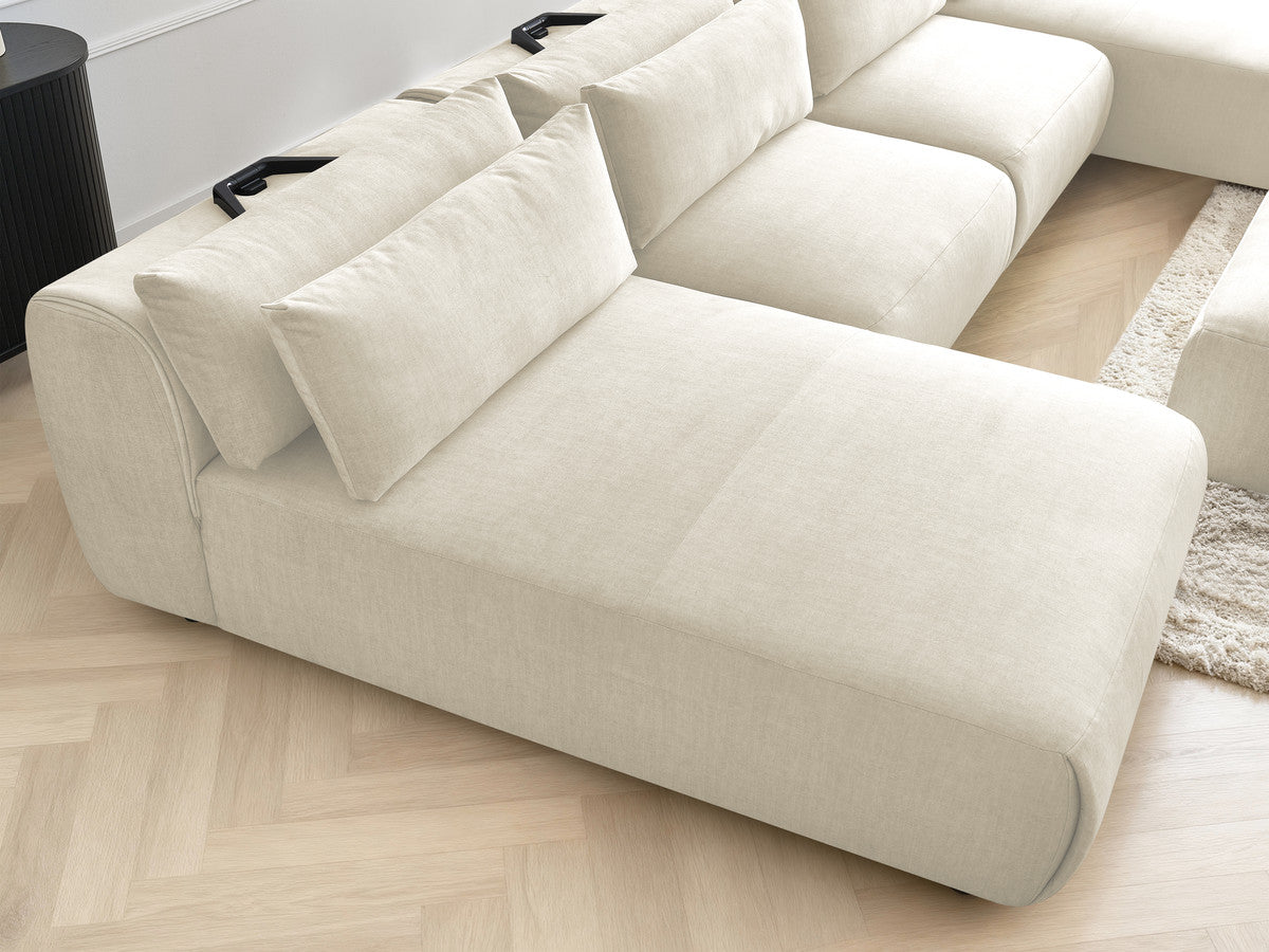 Canapé panoramique fixe modulable avec têtières JANA tissu velours avec 2 méridiennes, 2 chauffeuses et 1 petit pouf
