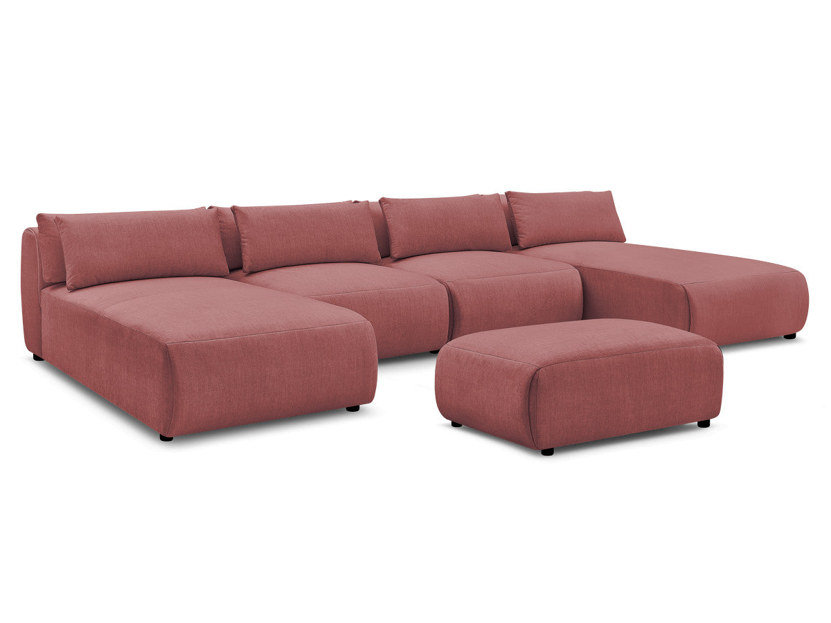 Canapé panoramique fixe modulable avec têtières JANA tissu velours avec 2 méridiennes, 2 chauffeuses et 1 petit pouf