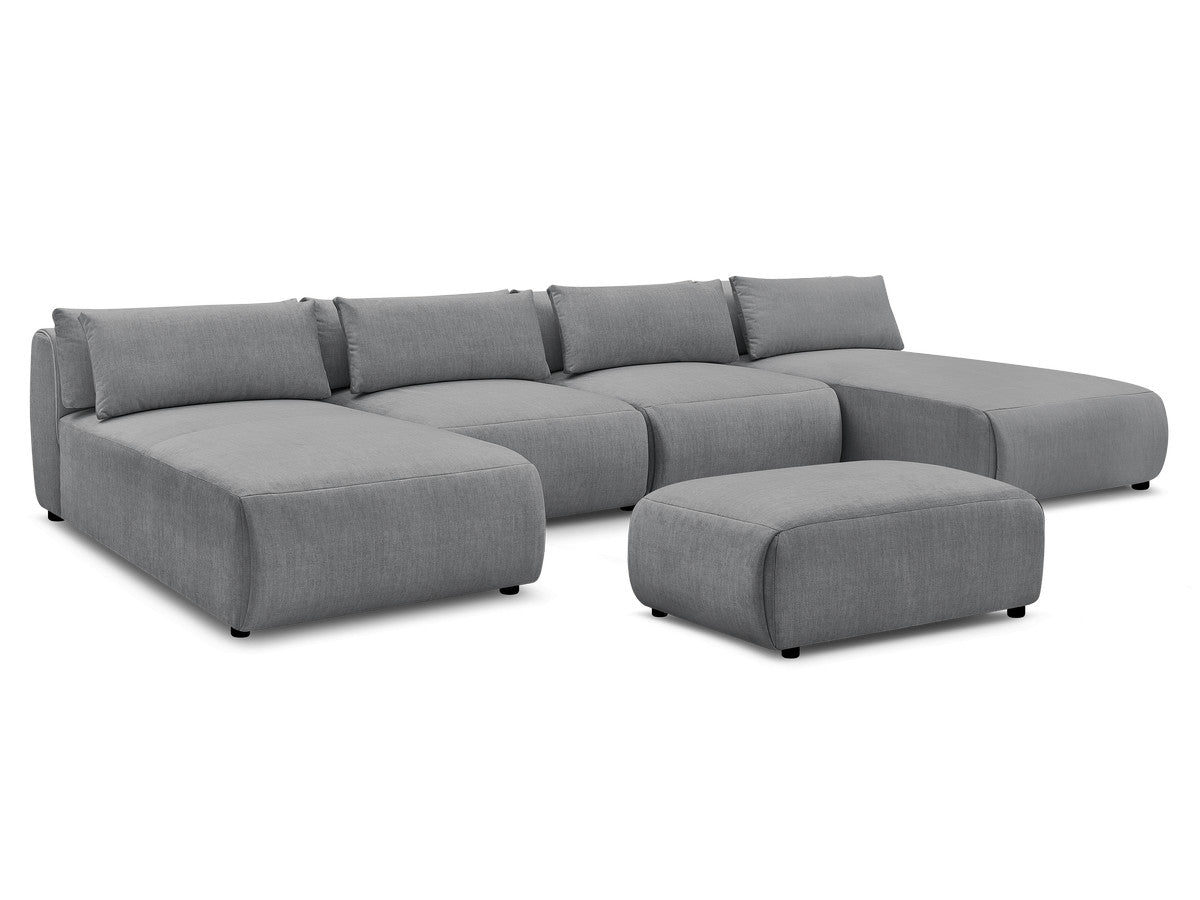 Canapé panoramique fixe modulable avec têtières JANA tissu velours avec 2 méridiennes, 2 chauffeuses et 1 petit pouf