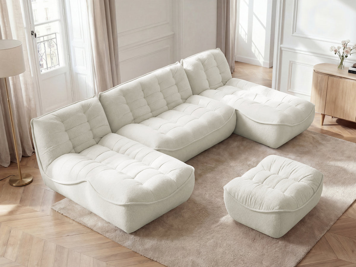 Canapé panoramique fixe modulable SERENA tissu chiné avec pouf