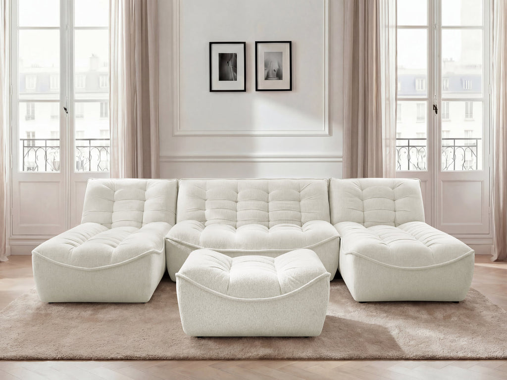 Canapé panoramique fixe modulable SERENA tissu chiné avec pouf