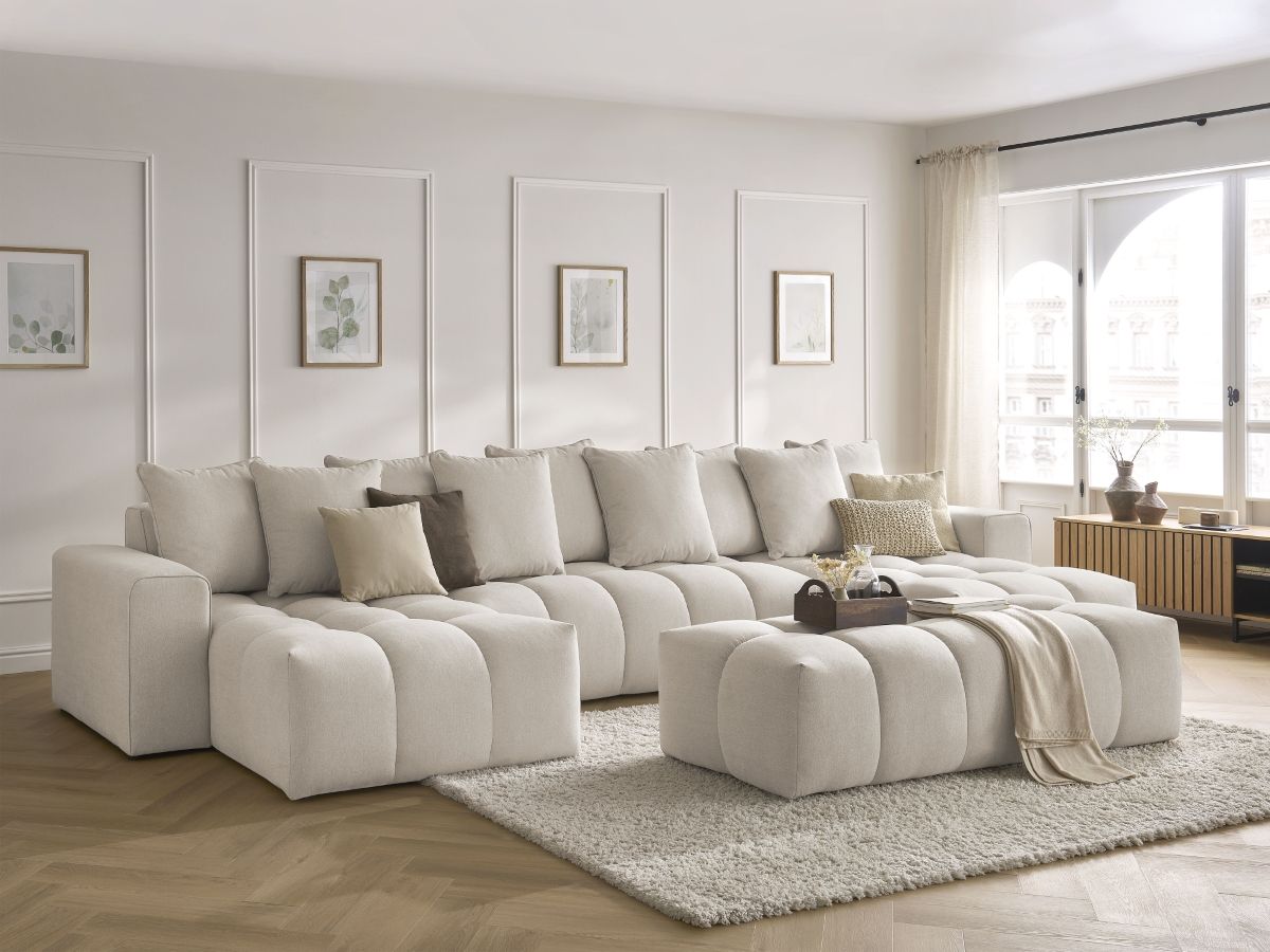 Canapé panoramique fixe MONT-BLANC tissu chiné avec pouf