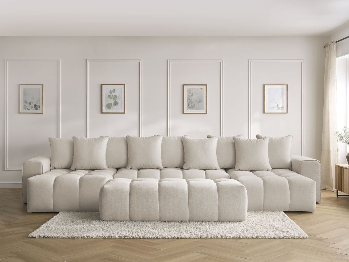 Canapé panoramique fixe MONT-BLANC tissu chiné avec pouf