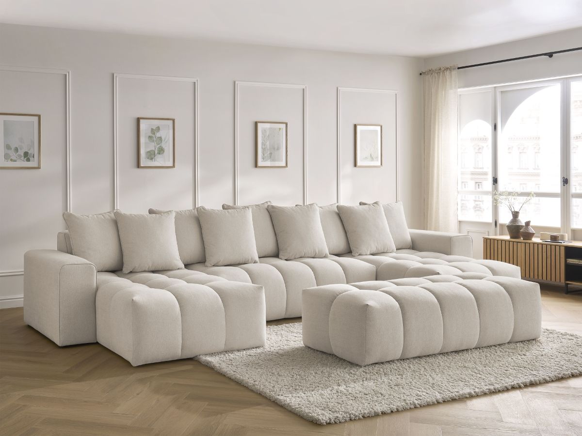 Canapé panoramique fixe MONT-BLANC tissu chiné avec pouf