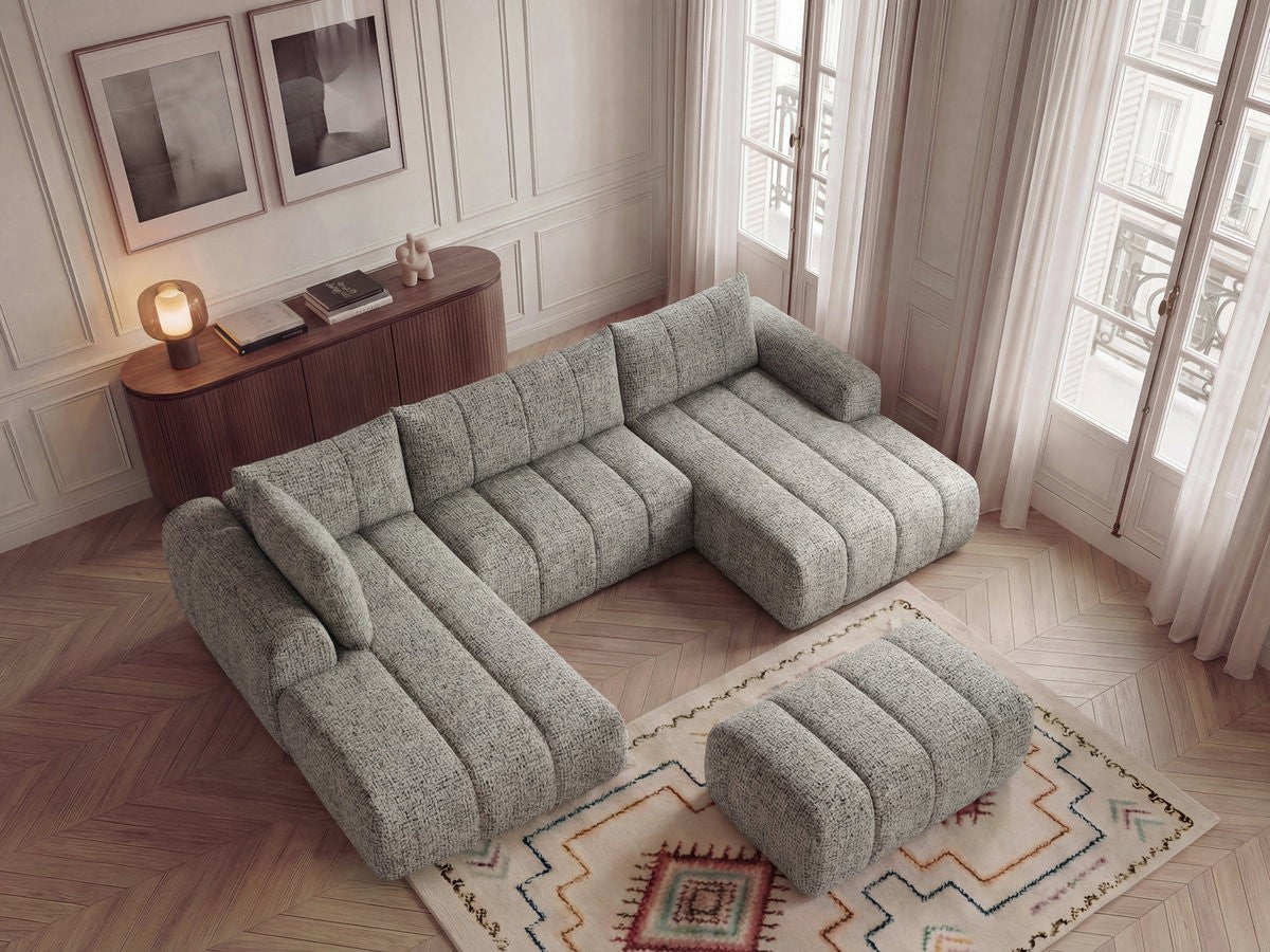 Canapé panoramique fixe NESTY tissu chiné avec pouf