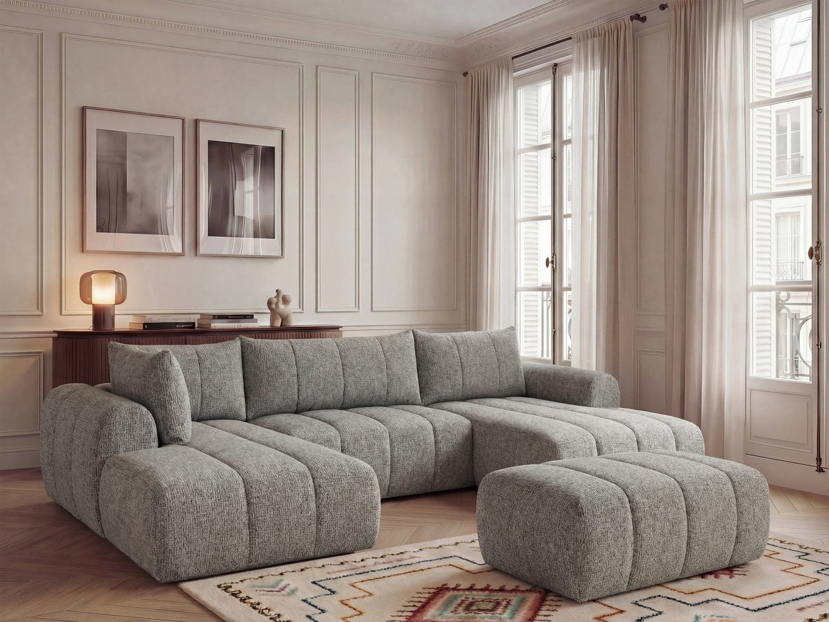 Canapé panoramique fixe NESTY tissu chiné avec pouf