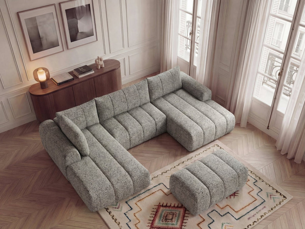 Canapé panoramique fixe NESTY tissu chiné avec pouf