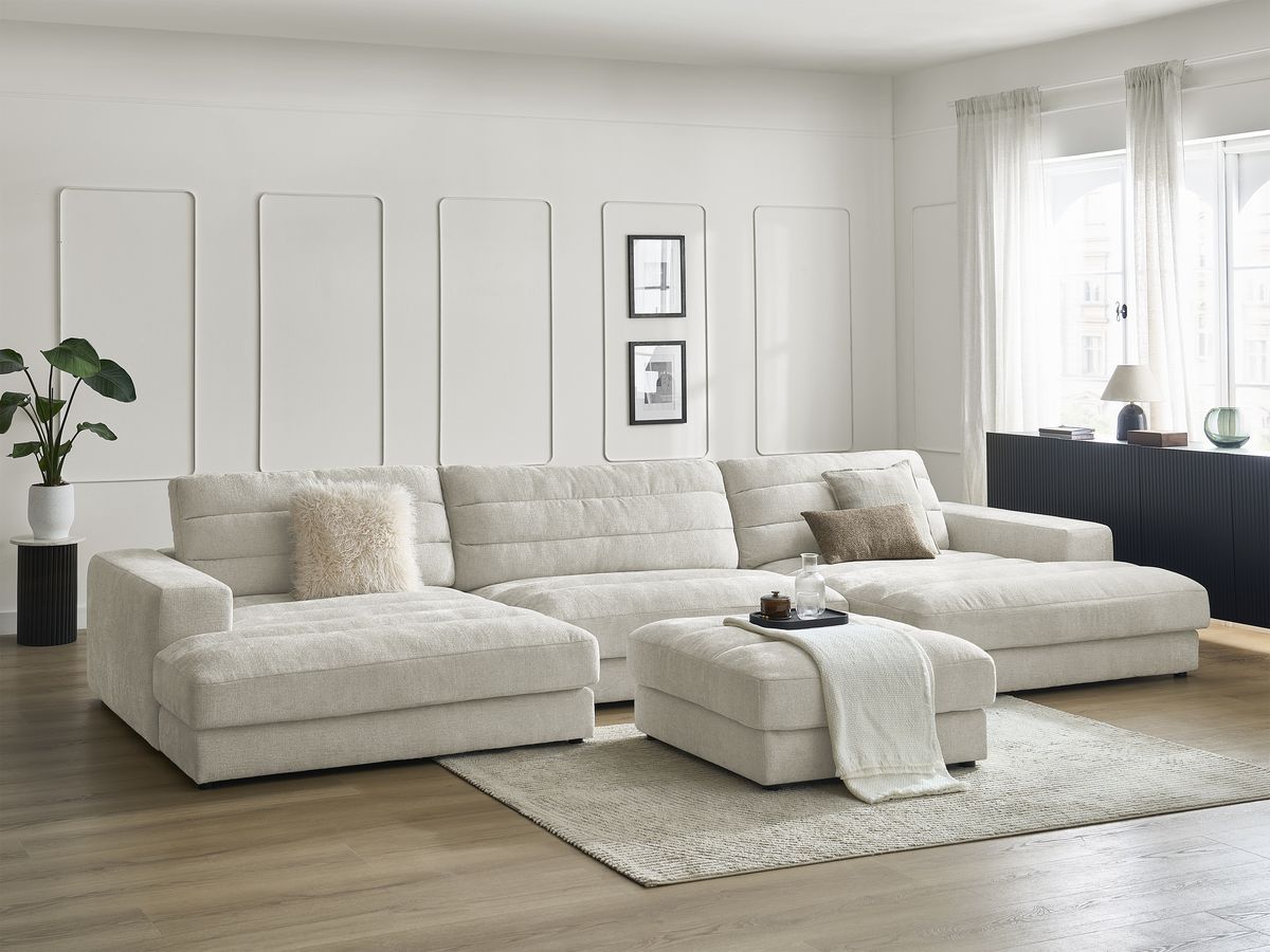 Canapé panoramique fixe SIERRA tissu texturé avec pouf