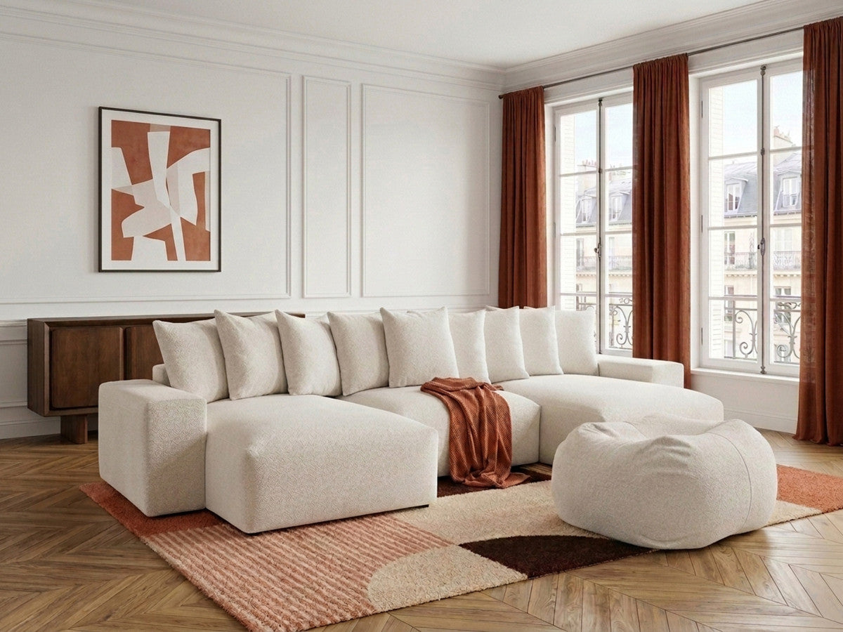 Canapé panoramique fixe VOLTAIRE tissu chiné avec pouf