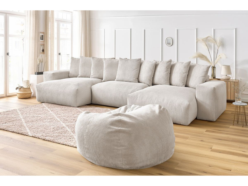 Canapé panoramique fixe VOLTAIRE velours côtelé avec pouf