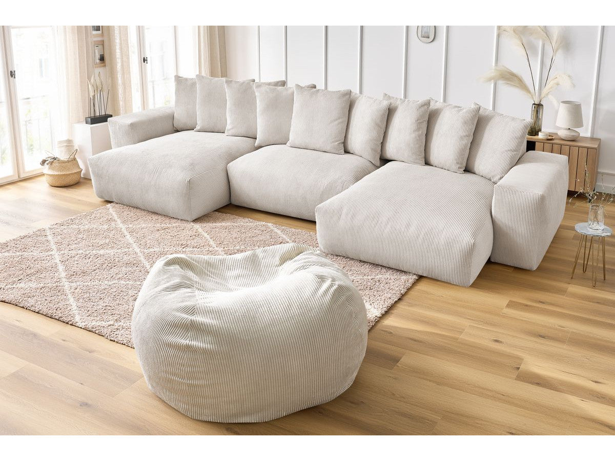 Canapé panoramique fixe VOLTAIRE velours côtelé avec pouf