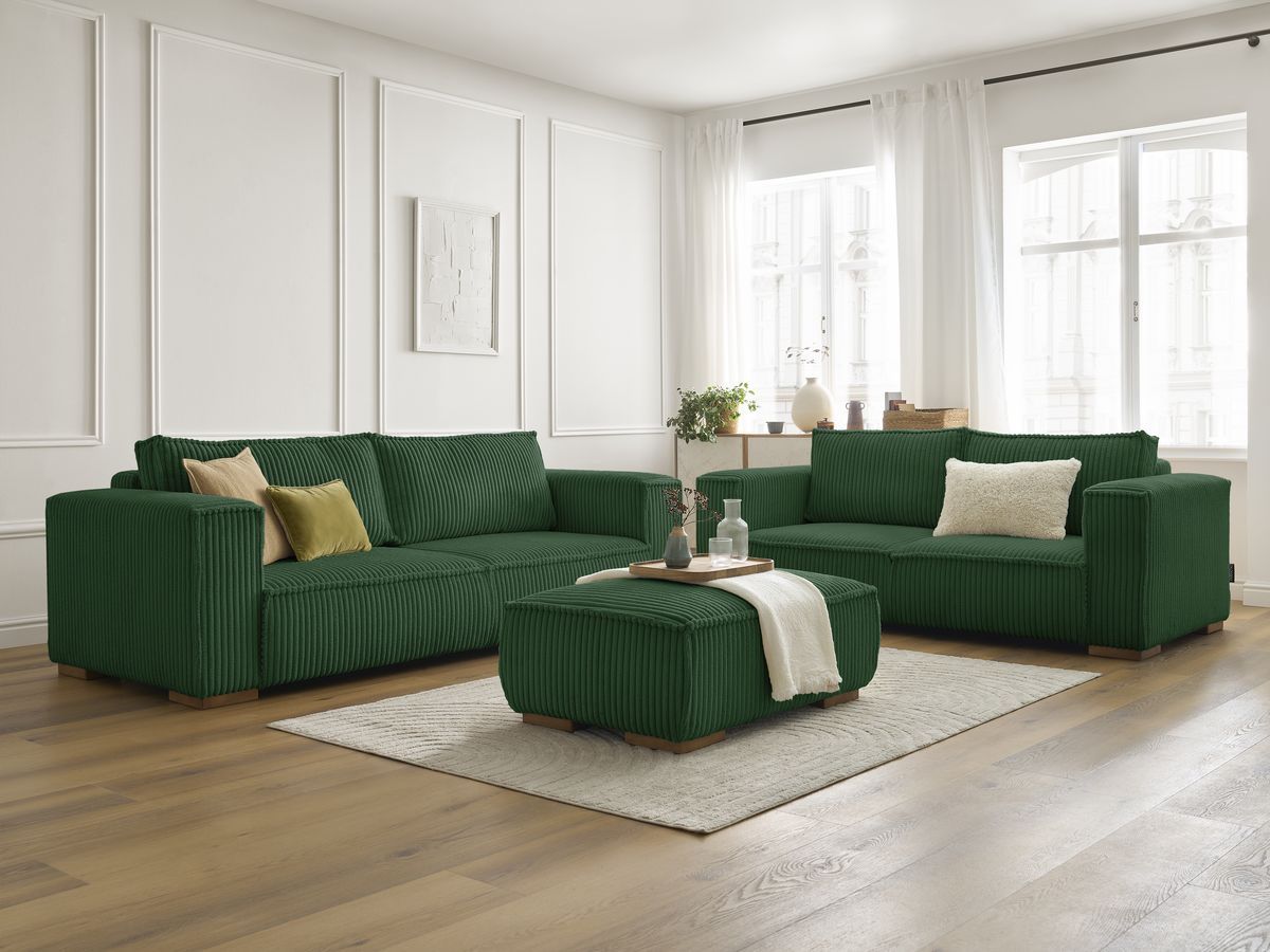 Ensemble canapé droit fixe 3 + 2 places CHELSEA gros velours côtelé avec pouf