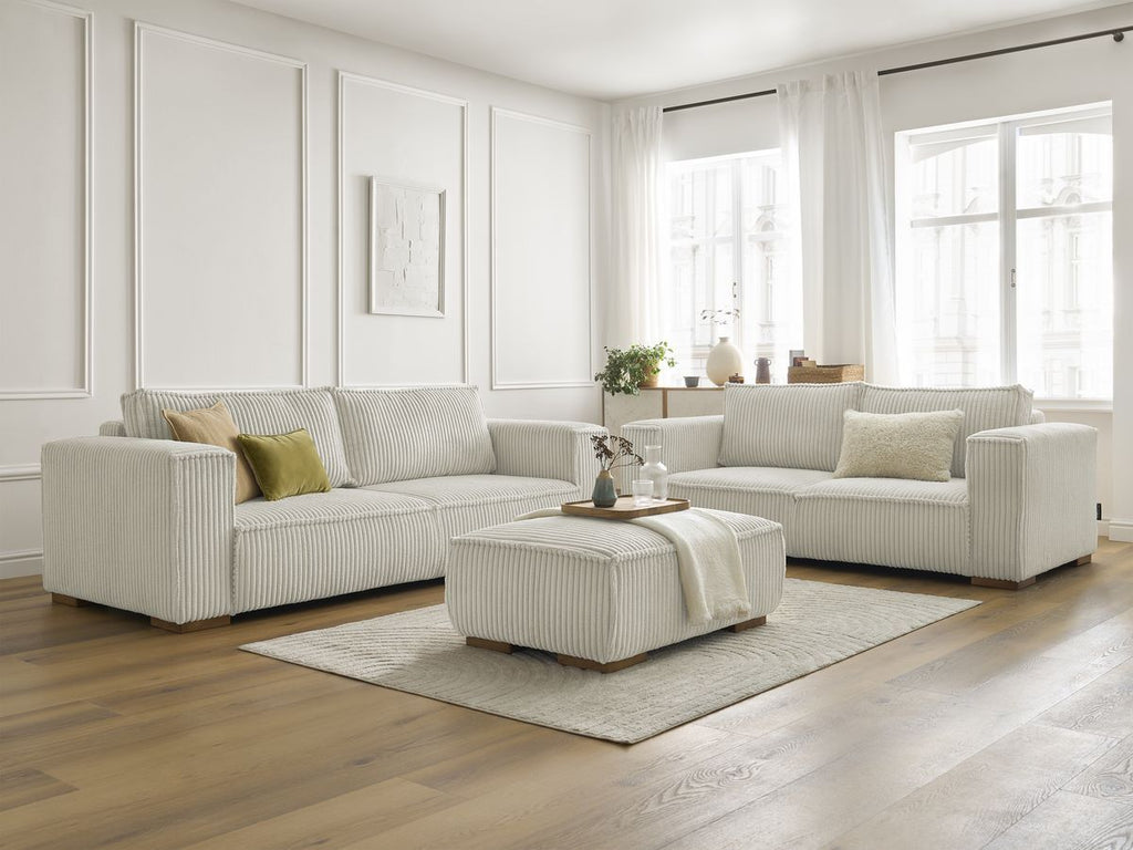Ensemble canapé droit fixe 3 + 2 places CHELSEA gros velours côtelé avec pouf
