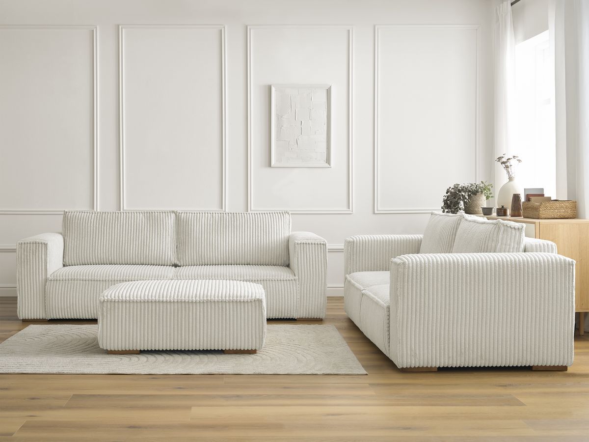Ensemble canapé droit fixe 3 + 2 places CHELSEA gros velours côtelé avec pouf