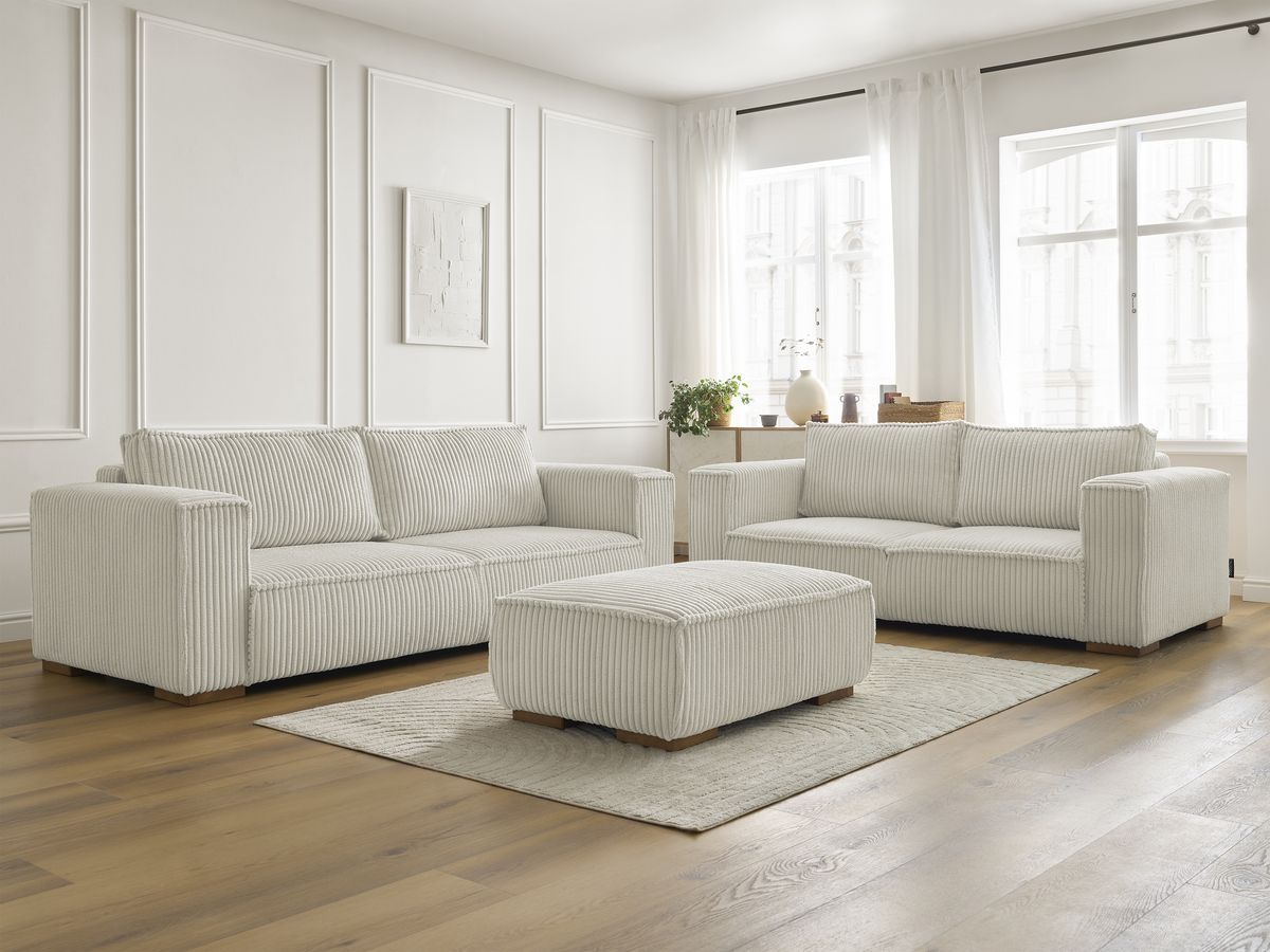 Ensemble canapé droit fixe 3 + 2 places CHELSEA gros velours côtelé avec pouf
