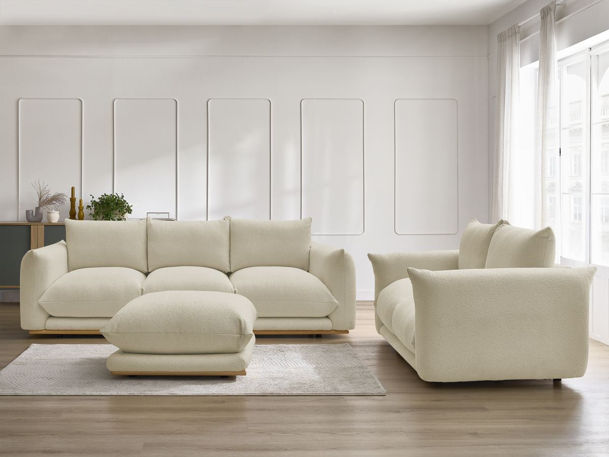 Ensemble canapé droit fixe 3 + 2 places ERNEST tissu bouclette avec pouf