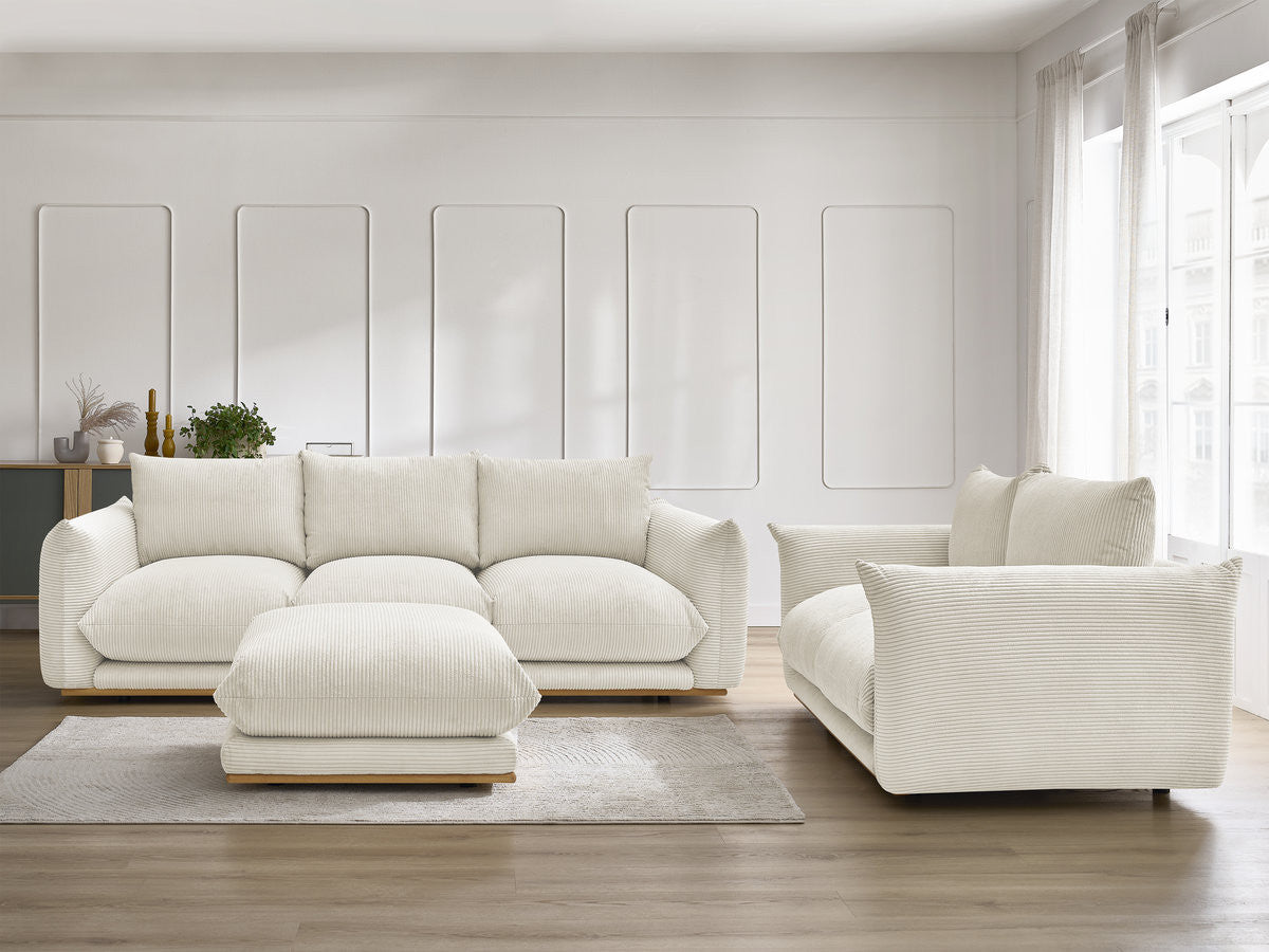 Ensemble canapé droit fixe 3 + 2 places ERNEST tissu velours côtélé avec pouf