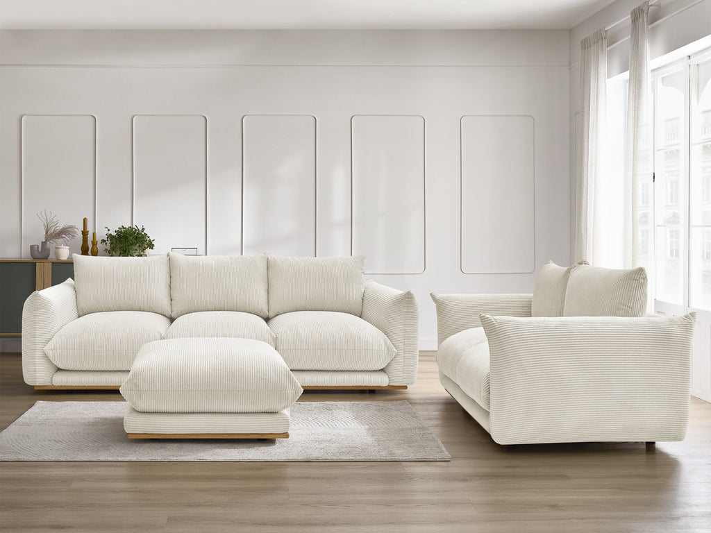 Ensemble canapé droit fixe 3 + 2 places ERNEST tissu velours côtélé avec pouf