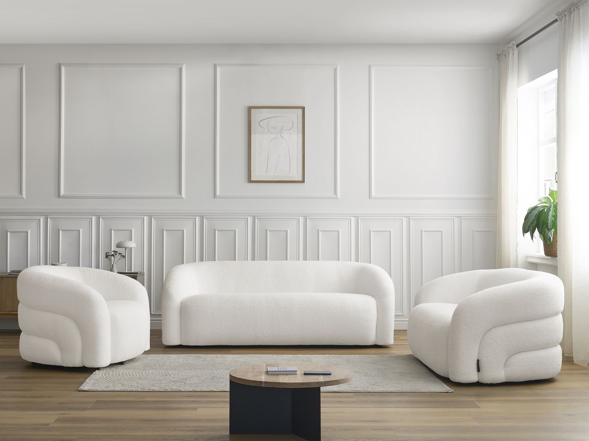 Ensemble canapé droit fixe 3 + 2 places + fauteuil pivotant ELINA tissu bouclette
