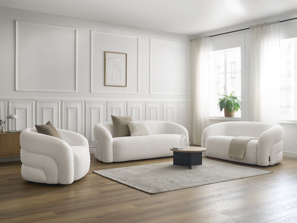Ensemble canapé droit fixe 3 + 2 places + fauteuil pivotant ELINA tissu bouclette