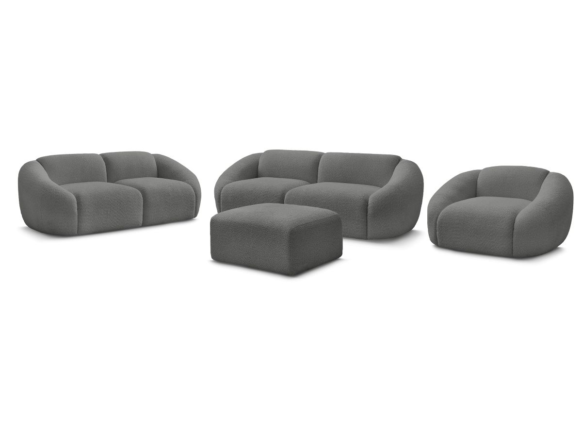 Ensemble canapé droit fixe 3 + 2 places + fauteuil TINA tissu bouclette avec pouf