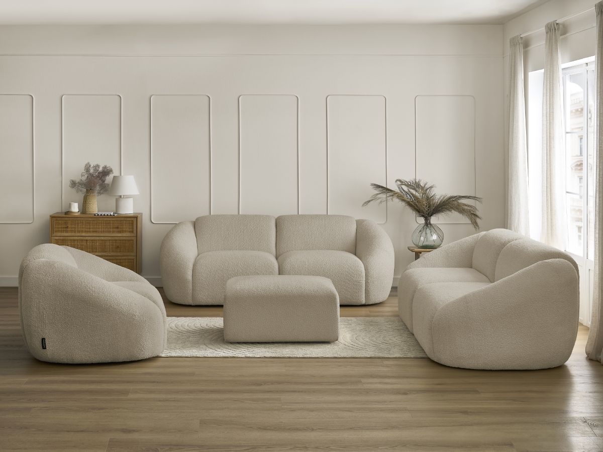 Ensemble canapé droit fixe 3 + 2 places + fauteuil TINA tissu bouclette avec pouf