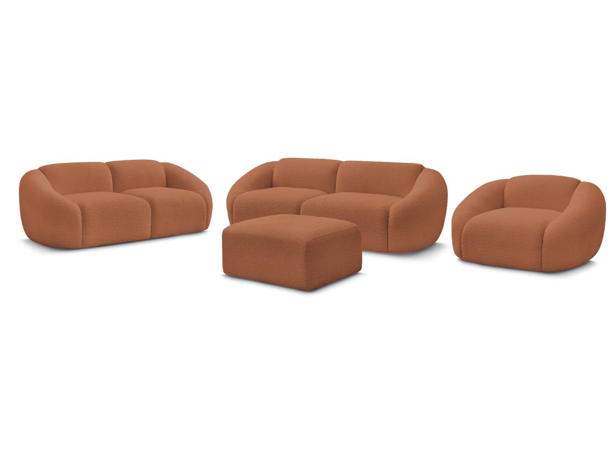 Ensemble canapé droit fixe 3 + 2 places + fauteuil TINA tissu bouclette avec pouf