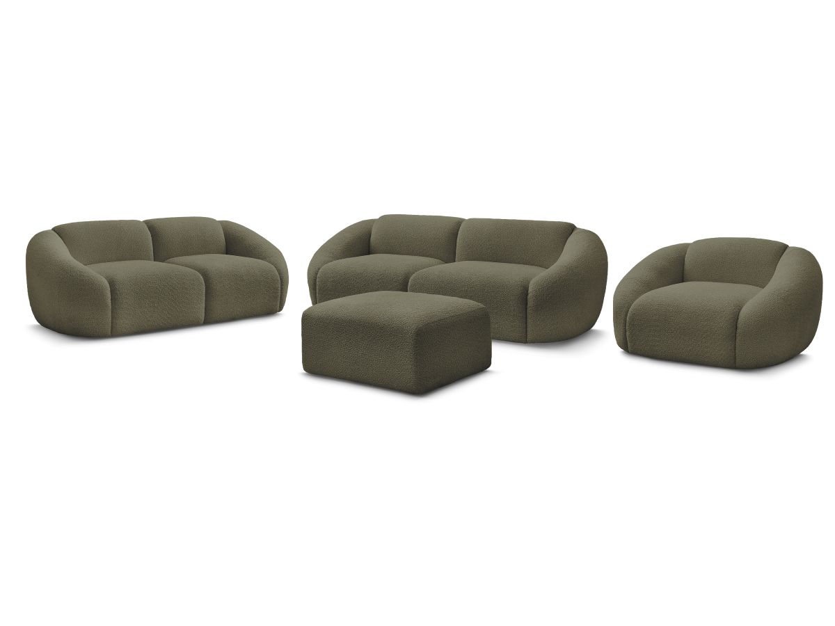 Ensemble canapé droit fixe 3 + 2 places + fauteuil TINA tissu bouclette avec pouf
