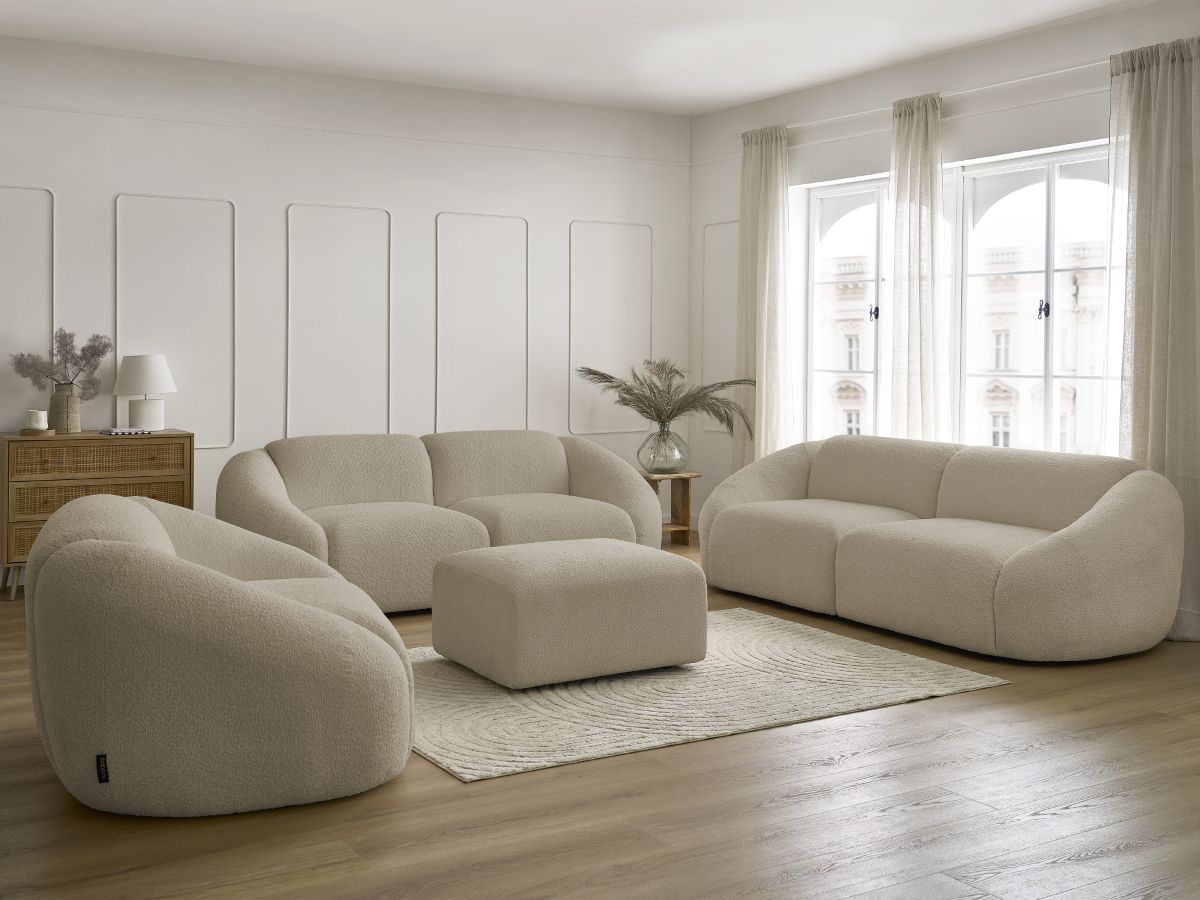 Ensemble canapé droit fixe 3 + 2 places + fauteuil TINA tissu bouclette avec pouf