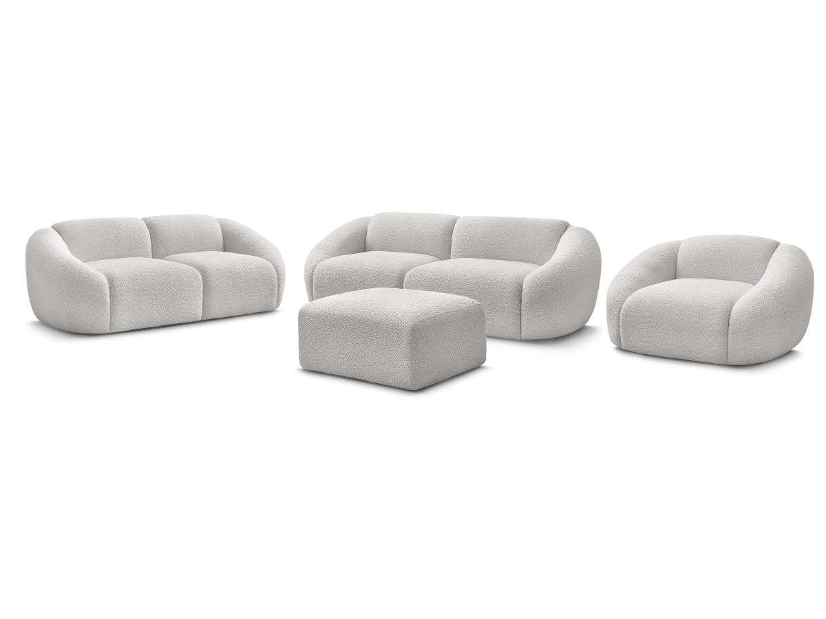 Ensemble canapé droit fixe 3 + 2 places + fauteuil TINA tissu bouclette avec pouf