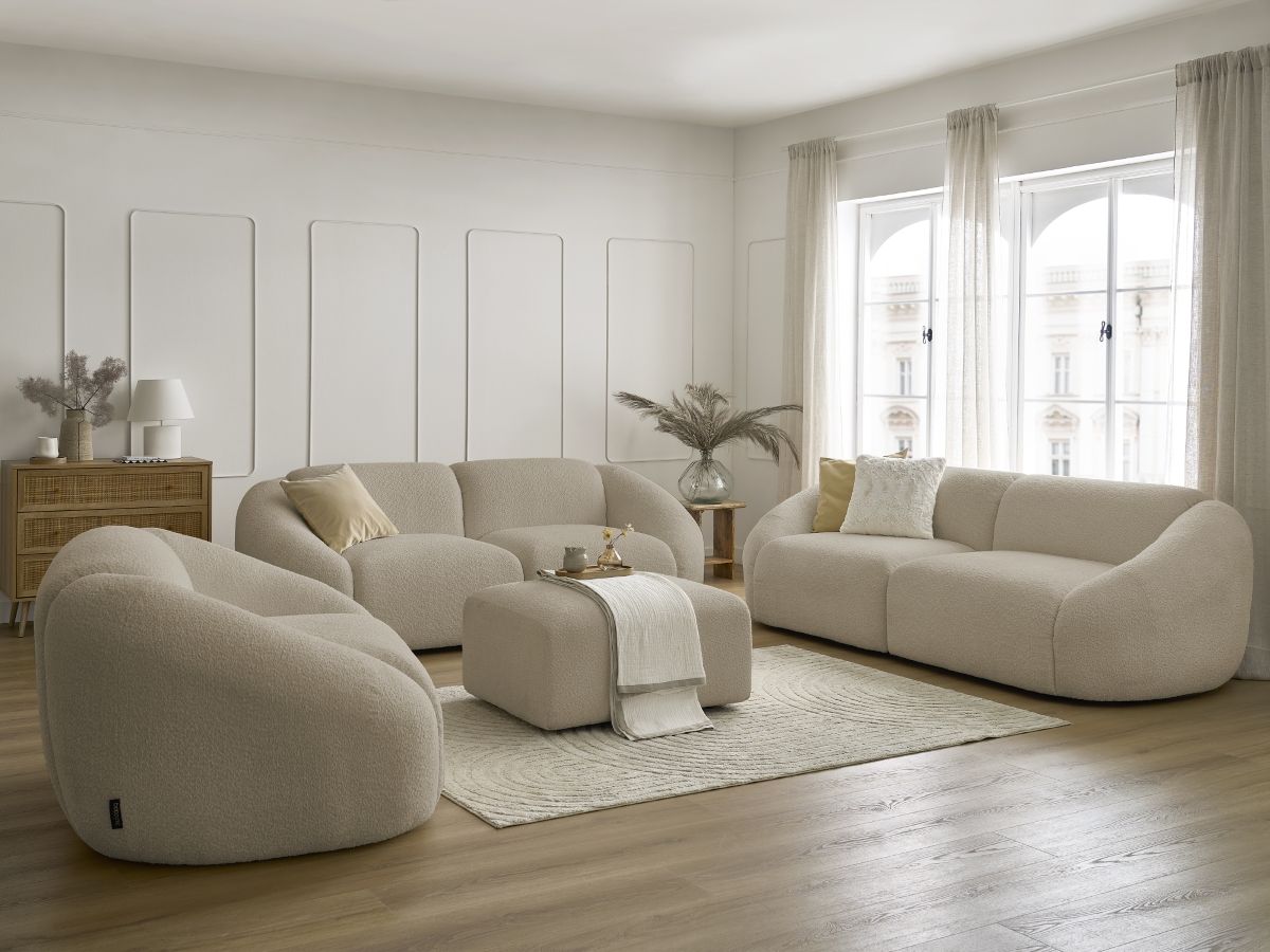 Ensemble canapé droit fixe 3 + 2 places + fauteuil TINA tissu bouclette avec pouf