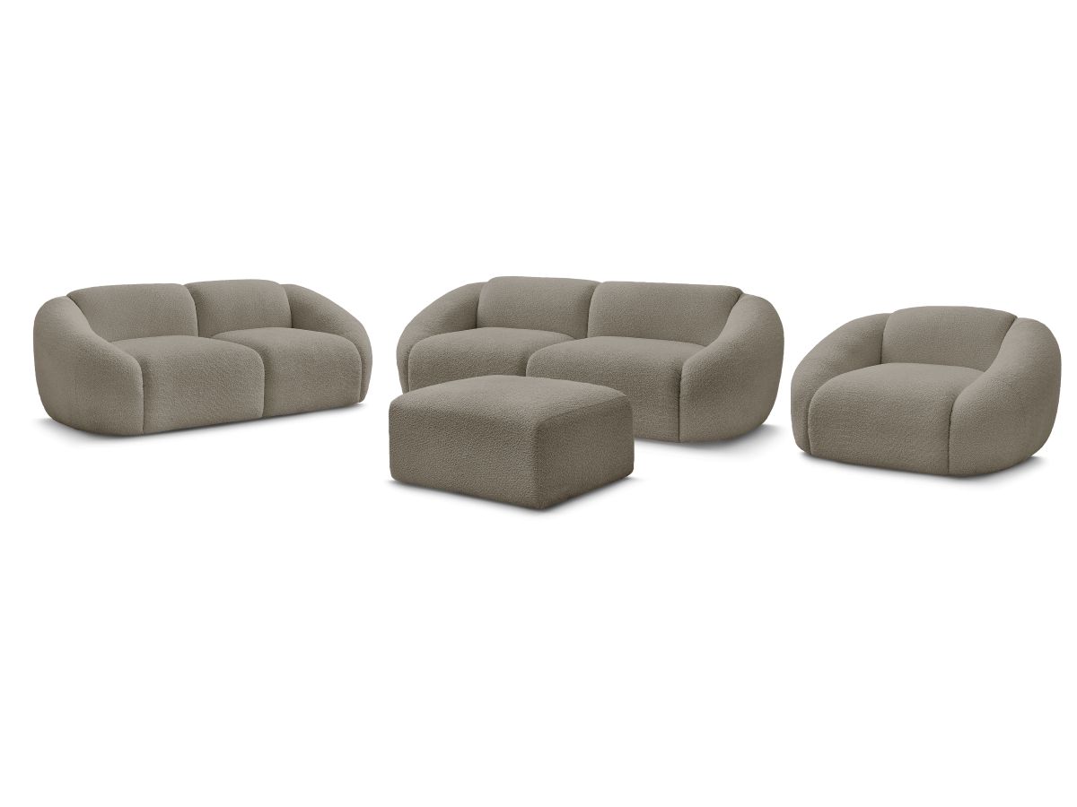 Ensemble canapé droit fixe 3 + 2 places + fauteuil TINA tissu bouclette avec pouf