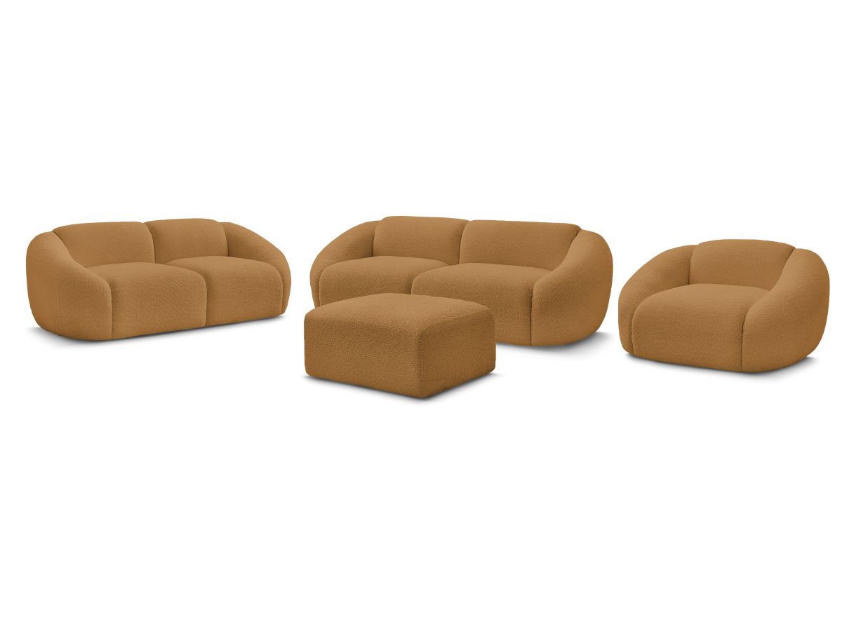 Ensemble canapé droit fixe 3 + 2 places + fauteuil TINA tissu bouclette avec pouf