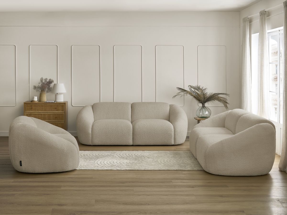Ensemble canapé droit fixe 3 + 2 places + fauteuil TINA tissu bouclette
